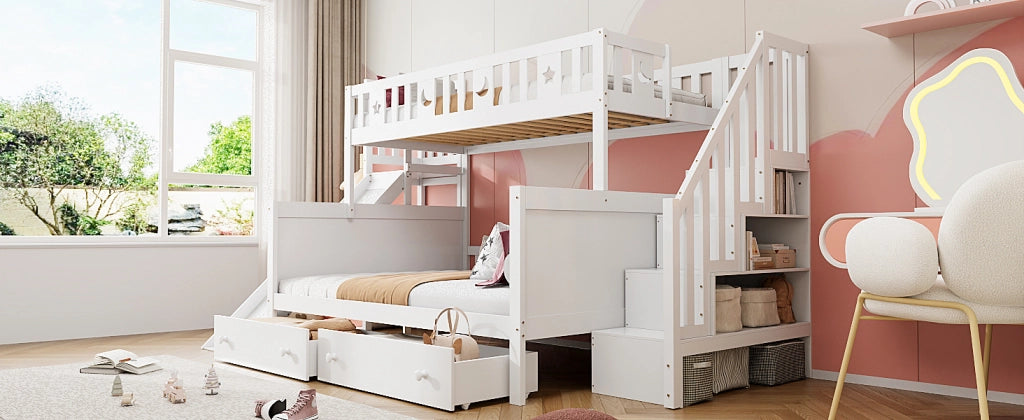 DESMIU Litto a castello bambino 90 × 200 e 140 × 200 cm con scivolo, scala, 2 cassetti, senza materasso, bianco