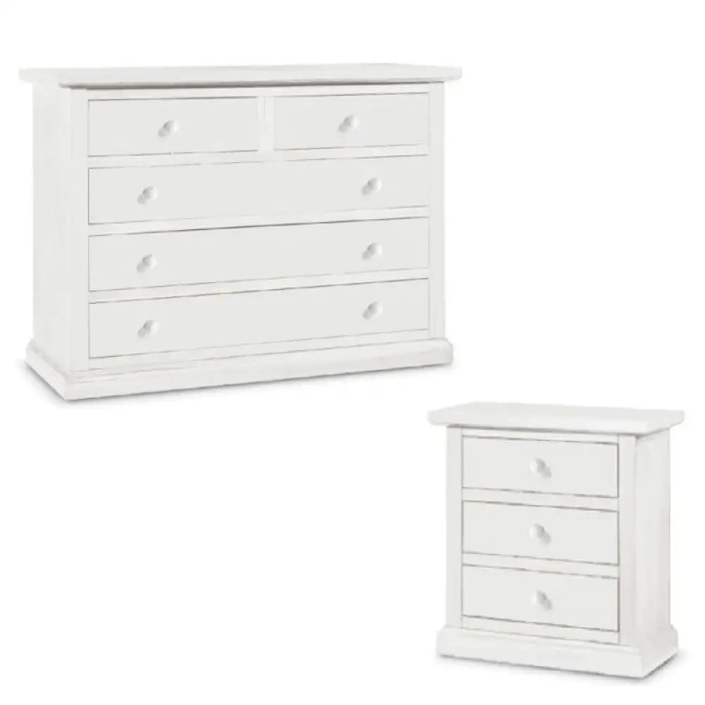 Como 3 cassetti 122x55x90H e 2 Comodini 60x35x64H arte povera in legno massello e mdf con rifinitura in bianco