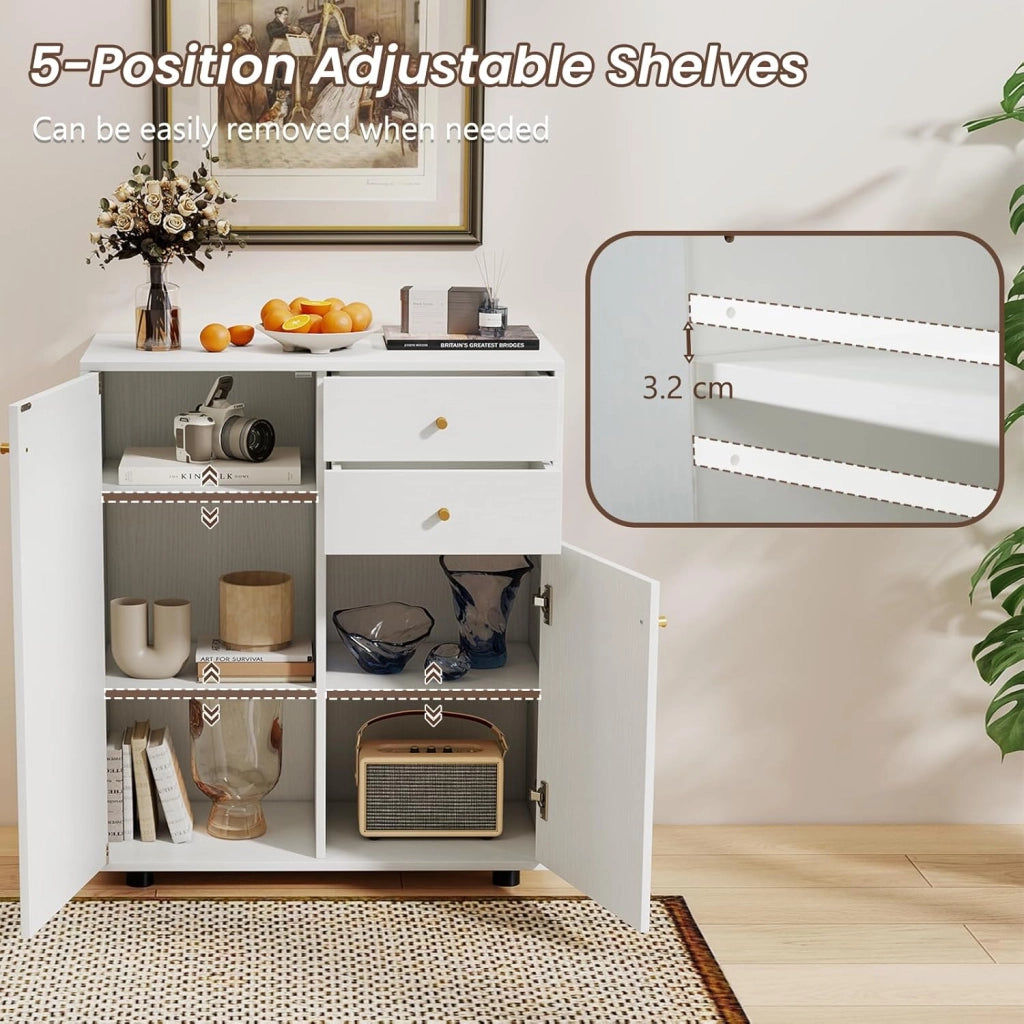 Mobile Dispensa con 2 Cassetti, Credenza da Cucina con 2 Ante, Mobiletto Basso con 3 Ripiani Regolabili, Armadio a Buffet per Sala da Pranzo, Soggiorno, 74x35x85,5 cm(L x P x A) (Bianco)