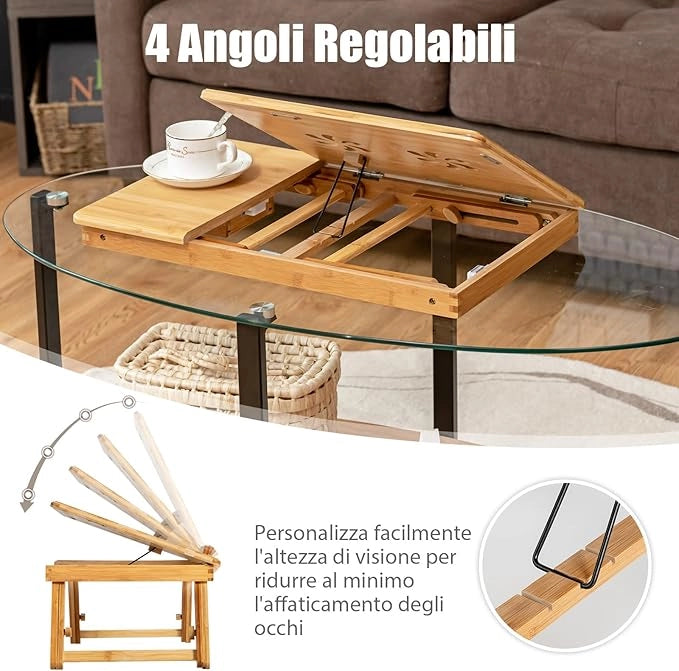 Vassoio per Laptop con Gambe Regolabili e Piano di Dissipazione Termica Inclinabile, Tavolino da Letto Pieghevole con Cassetto Portaoggetti per Leggere, Scrivere e Mangiare (Legno)