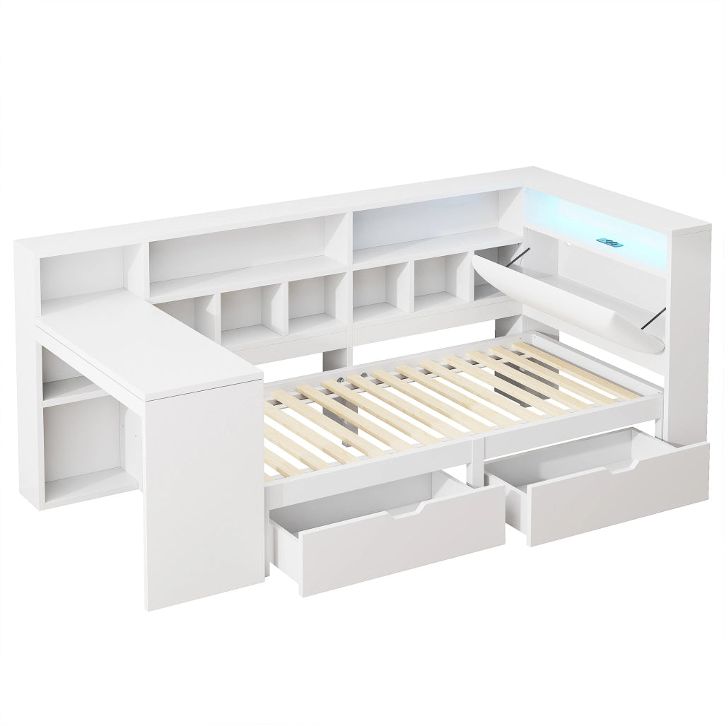 Letto a soppalco 90 × 200 cm con scrivania, libreria, cassetti, LED e USB, senza materasso, bianco