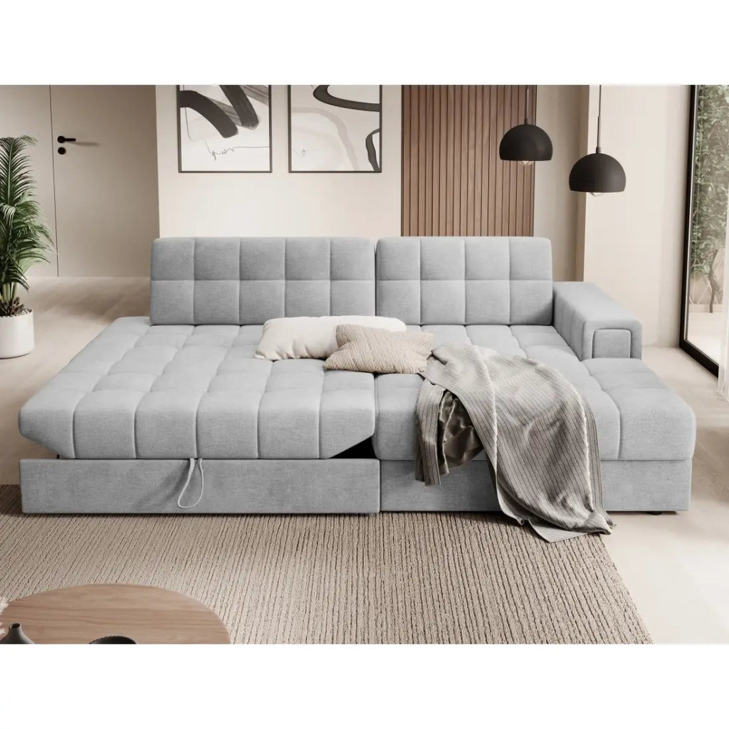 Divano angolare trasformabile CUBITO grigio 240 cm con contenitore e letto