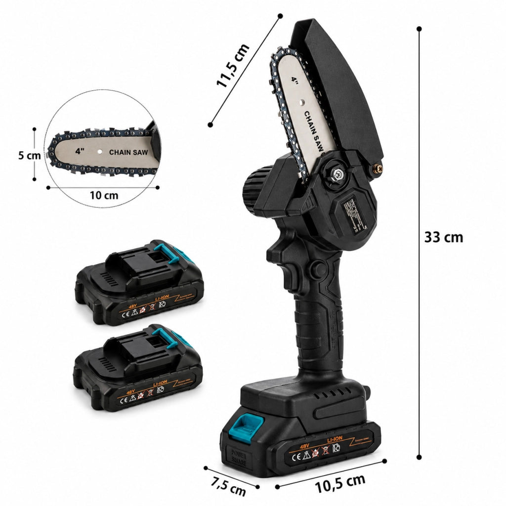 MINI MOTOSEGA 4" PORTATILE RICARICABILE A BATTERIA 48V POTATURA LEGNO SEGA 08208