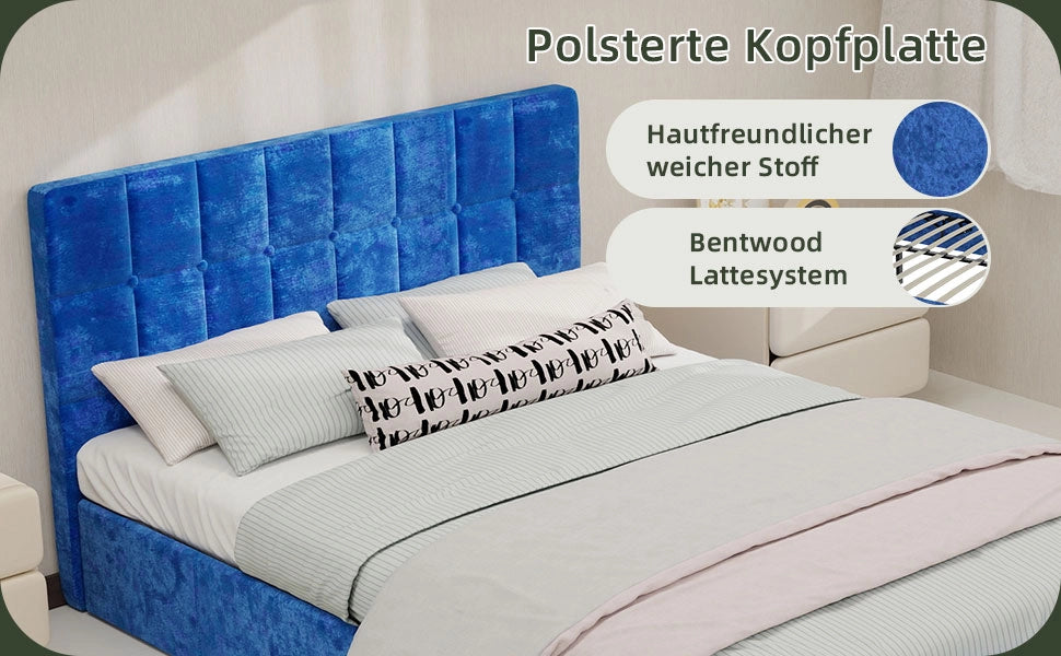 Letto imbottito contenitore con testiera ¨C Minimal ¨C blu velluto 140x200cm