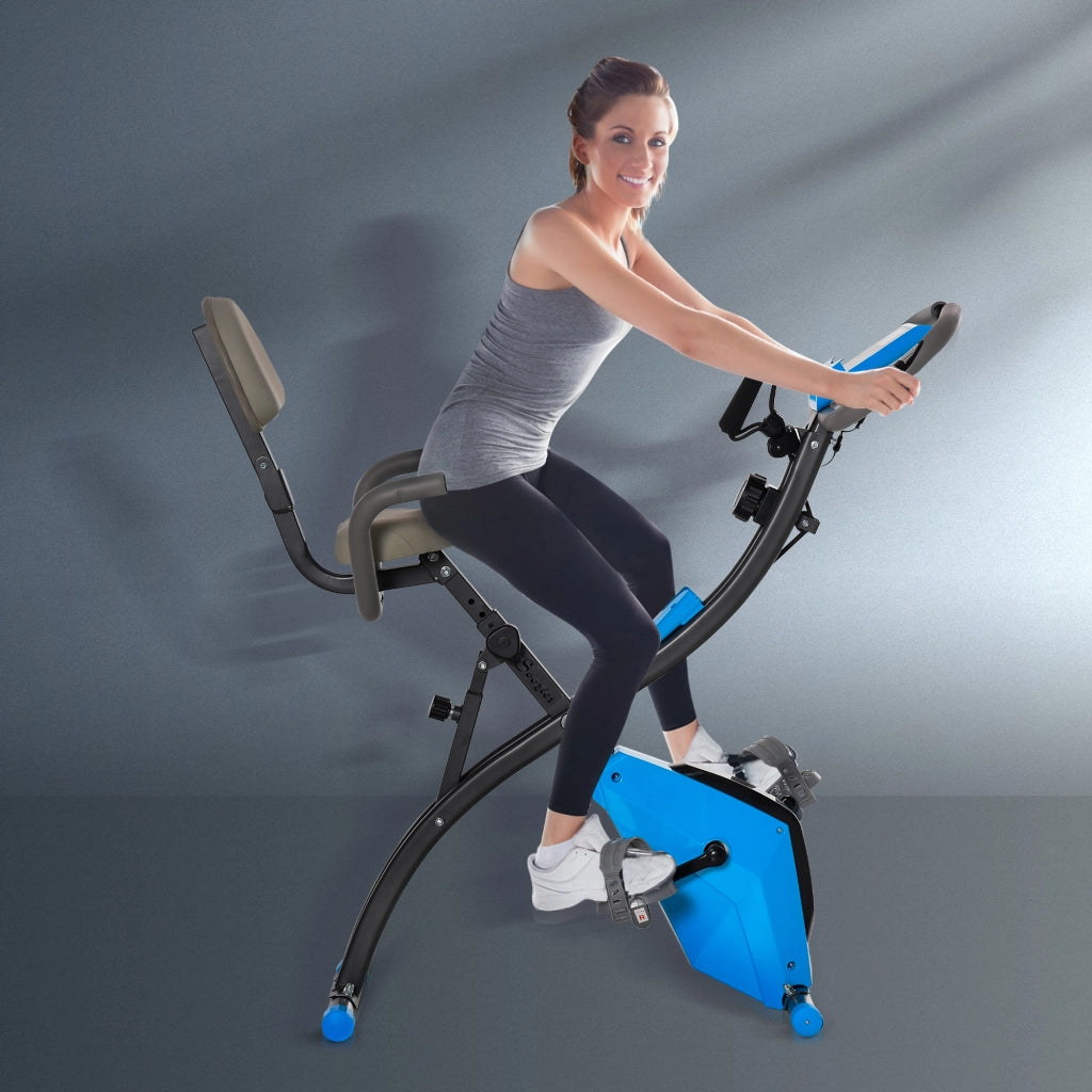 Cyclette Pieghevole 8 Livelli di Resistenza con Seduta Regolabile Blu e Grigio