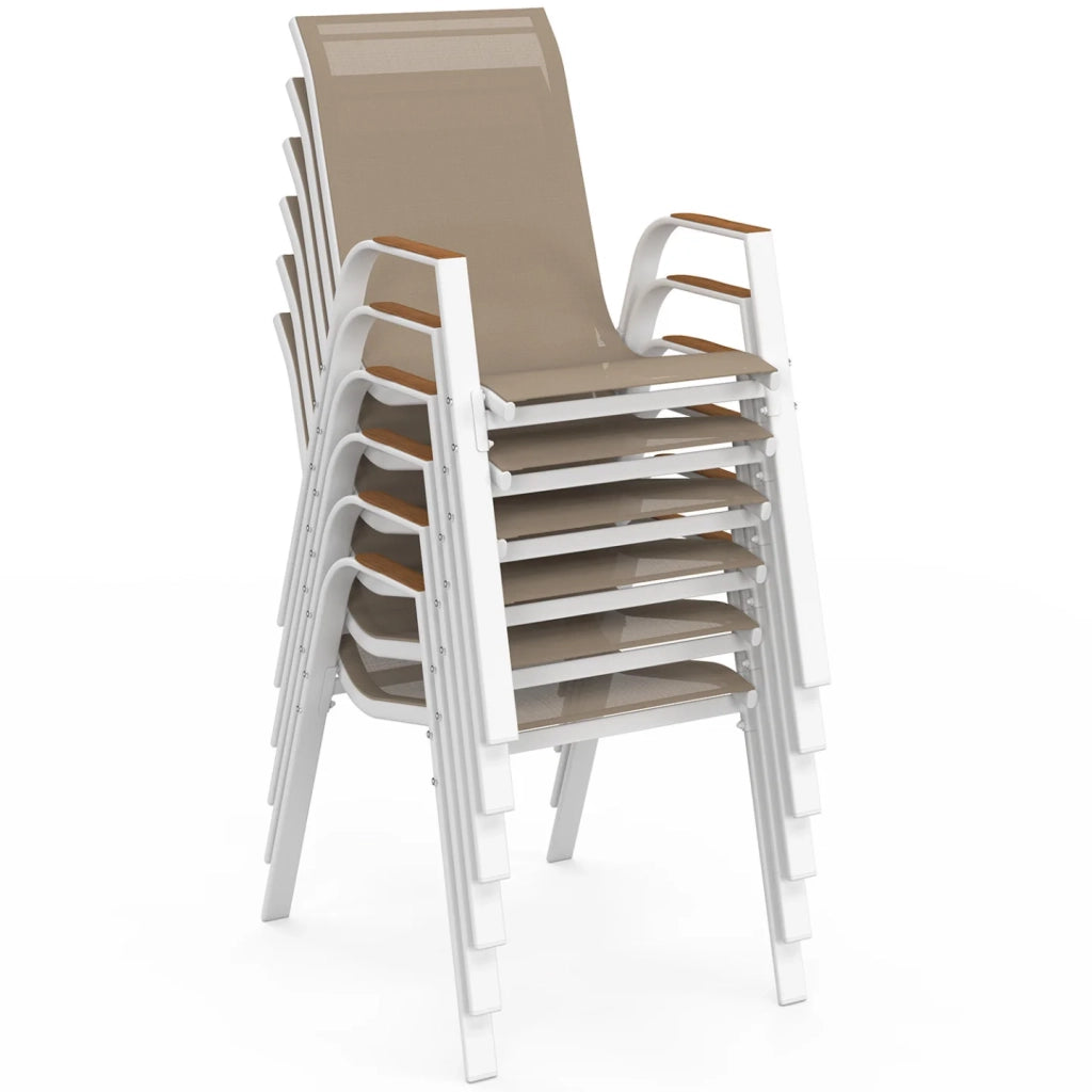 IDMarket - Set di 6 sedie da giardino impilabili NOUMEA in metallo e textilene, bianco e legno