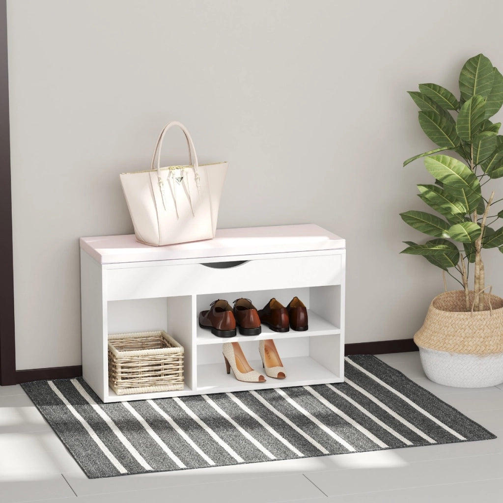 EasyComfort Panca Scarpiera, Mobile Portascarpe Salvaspazio con Sedile Imbottito Ribaltabile da Ingresso Legno, 80x30x47cm, Bianco