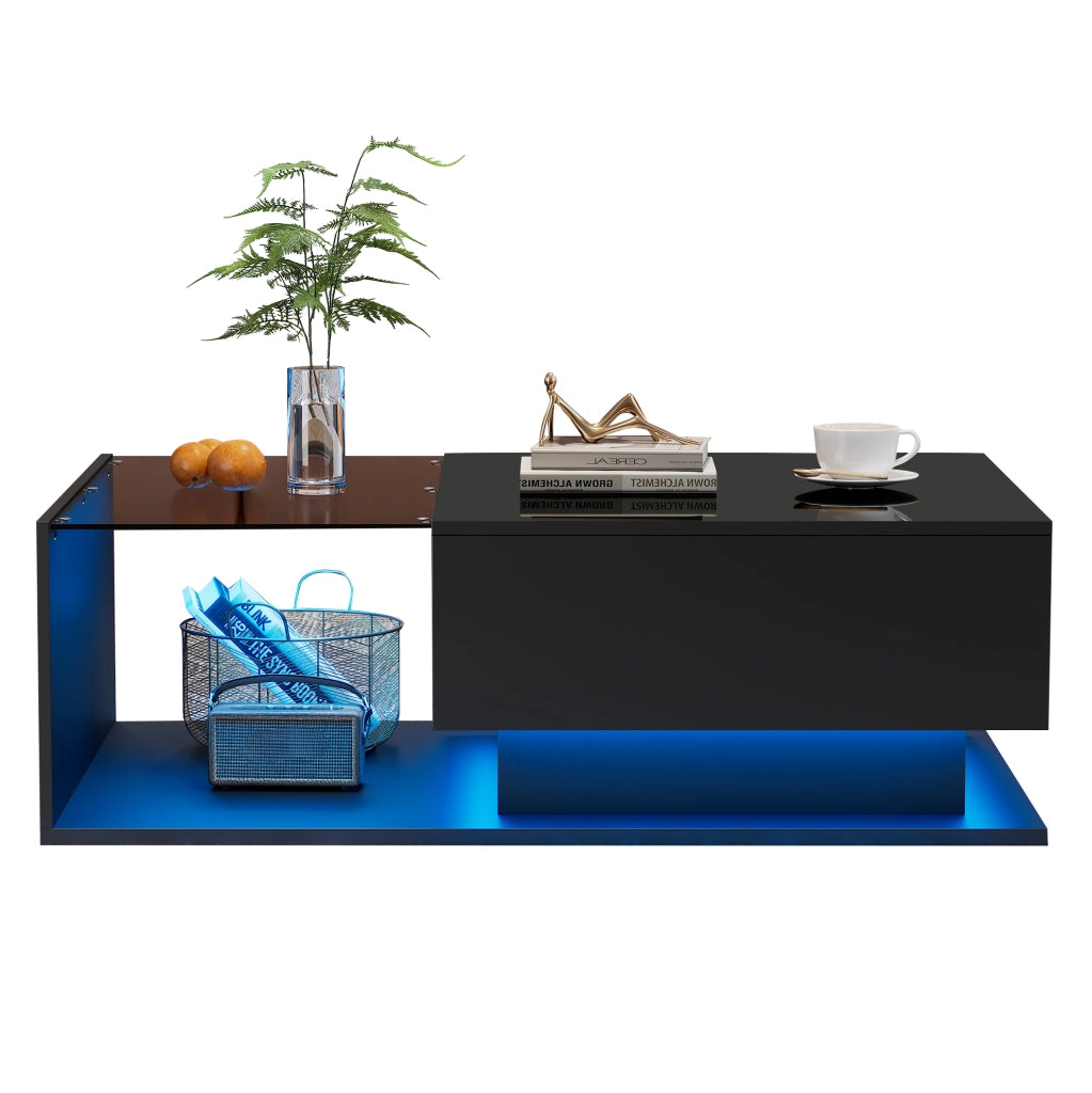 Tavolino da salotto nero lucido 100x50x32 cm con piano in vetro; cassetto e LED