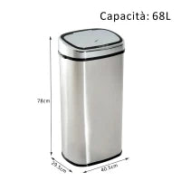 Pattumiera Cestino dei Rifiuti in Acciaio Inox con Sensore a Infrarossi 68L, Rettangolare, Argento