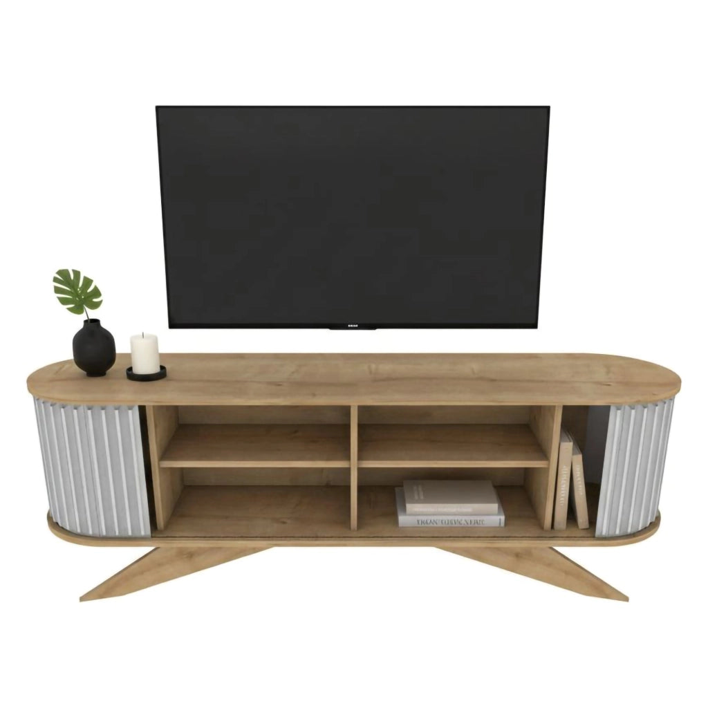 Mobile porta TV Bailu, Credenza da soggiorno, Armadio basso per TV, Base parete attrezzata, 180x43h60 cm, Quercia e Bianco
