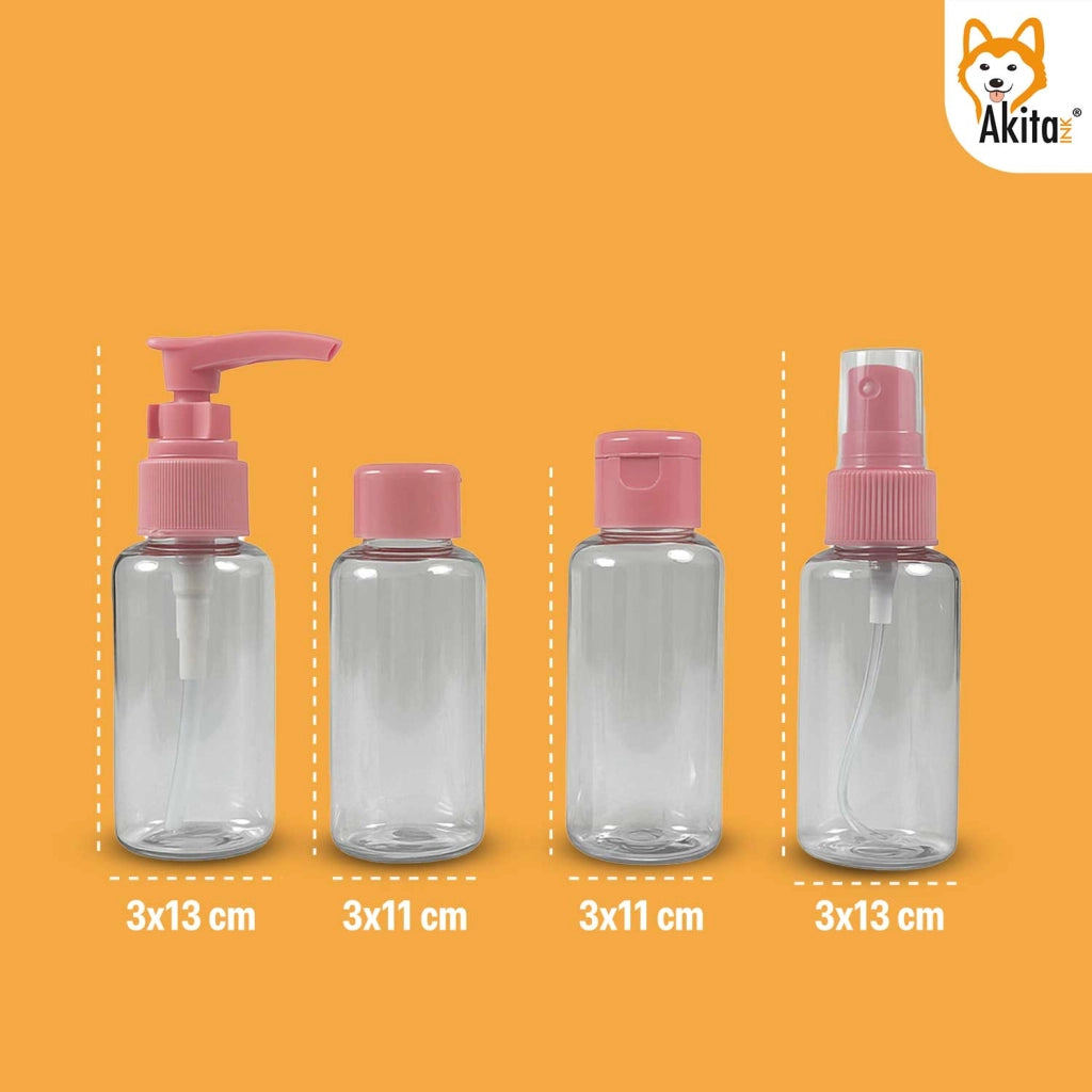 Akitaink Set Flaconi da Viaggio 4 Pz con Borsa Rosa 100 ml