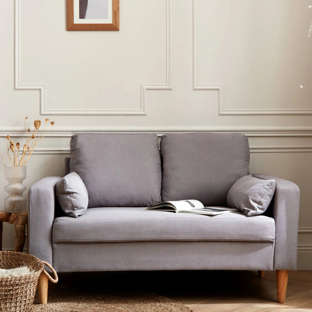 Divano in tessuto con gambe in legno, 2 posti, grigio chiaro