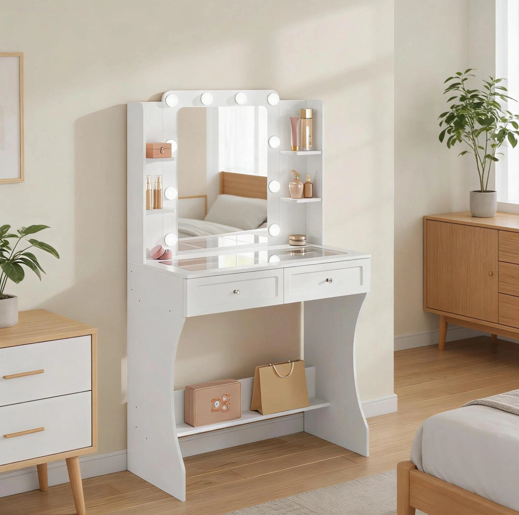 Tavolo da trucco con specchio LED e piano in vetro temperato 80x135x40 cm; bianco