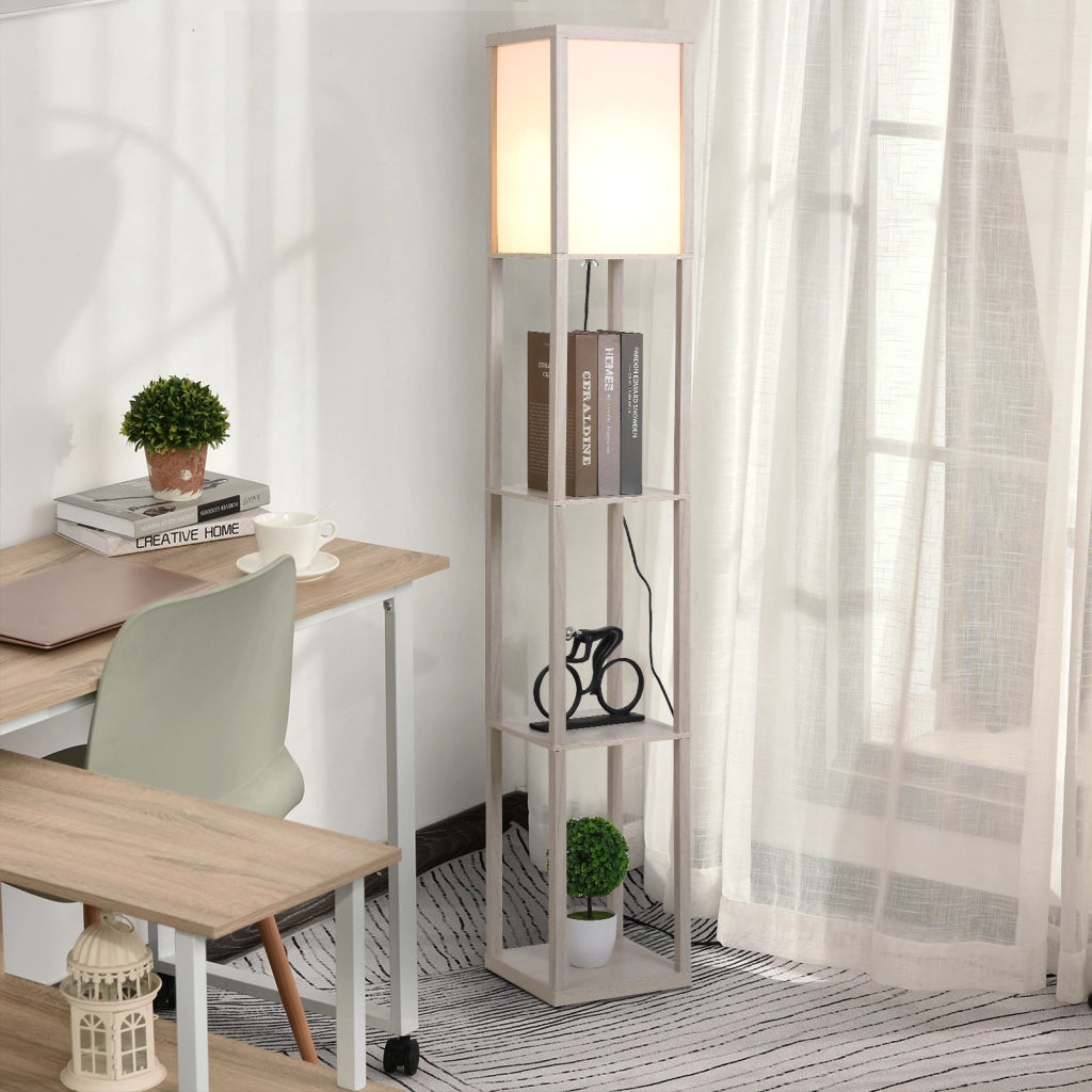 Lampada a Terra 40W con 3 Mensole Integrate e Interruttore a Pedale, Lampada Moderna in MDF e Acrilico, 26x26x160 cm, Rovere