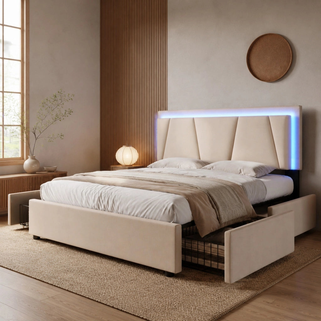 LETTO 140x200 cm Beige con testiera regolabile, LED e 4 cassetti