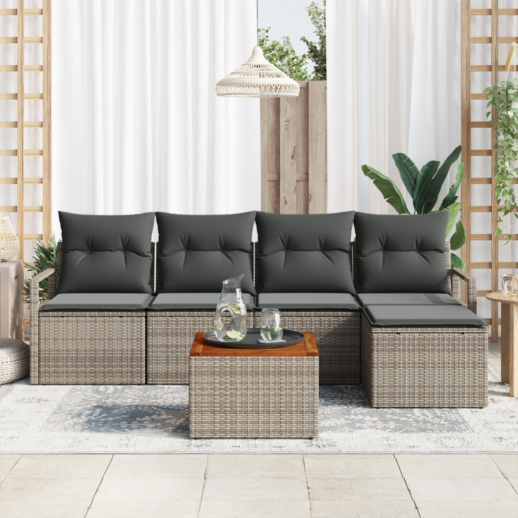 Set Divano da Giardino in 6 pezzi con Cuscini Grigio Polyrattan Acacia