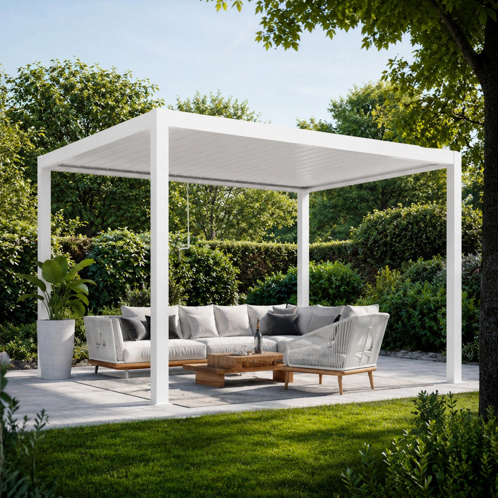 Pergola Bioclimatica 3x4 Metri Gazebo Con Tetto A Lamelle Orientabili Sistema Di Drenaggio Struttura In Acciaio E Alluminio Resistente Ai Raggi UV Per Giardino Terrazza E Piscina Bianco Opaco
