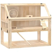 Gabbia per criceti a 3 livelli con fondo removibile e altalena, 80x50x76 cm, Legno naturale