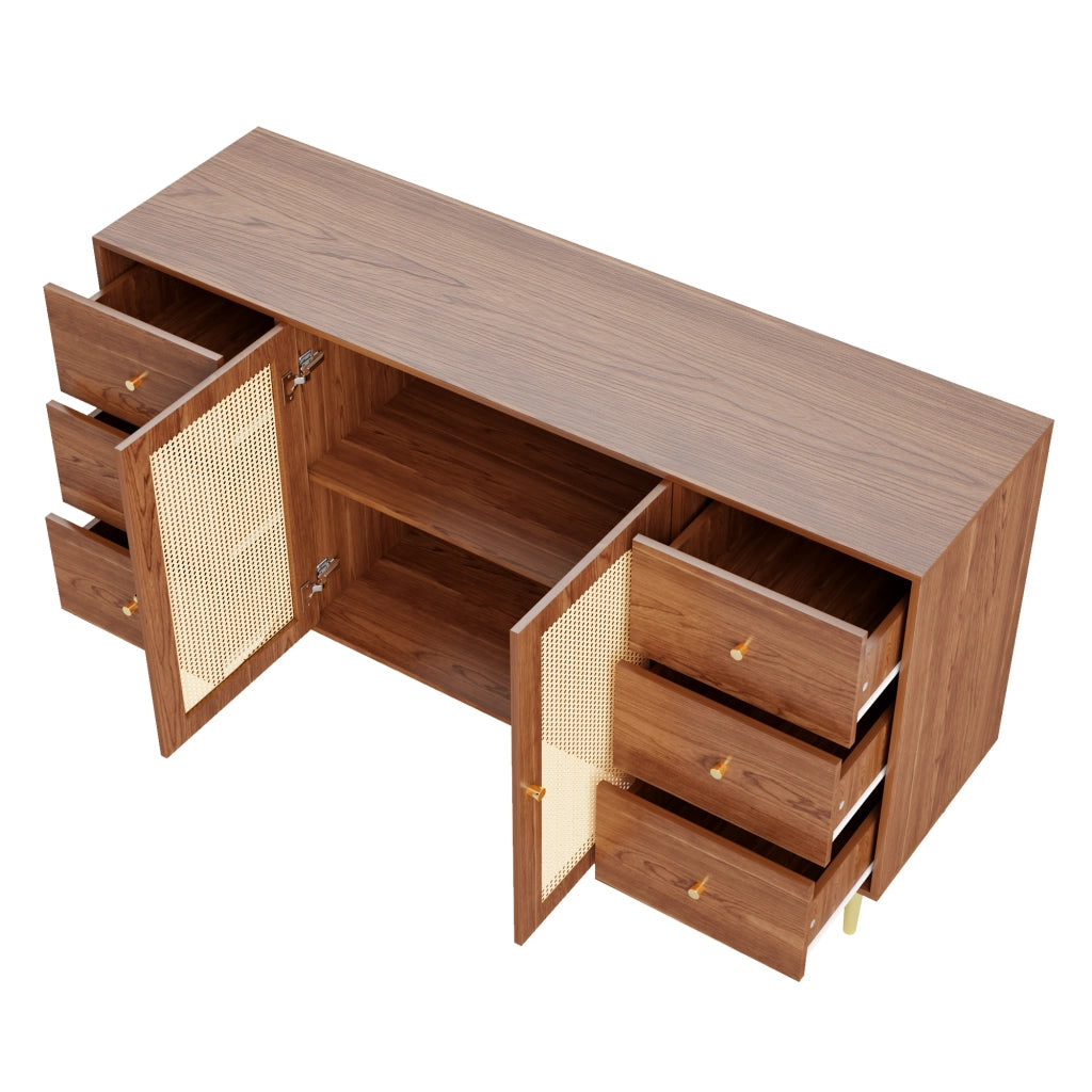 Credenza con cassetti e vani in MDF con ante in rattan effetto legno per cucina sala da pranzo 160 × 40 × 90 cm