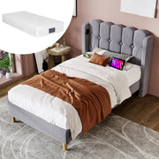 OKWISH Letto Singolo 1 Posto, USB e USB-C, 90 x 200 cm, Con Materasso, Testiera Imbottita, Grigio