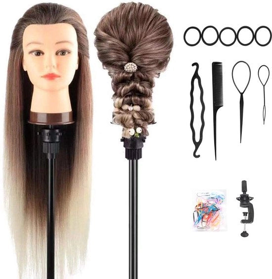 Orefice professionale, 26-28 pollici, capo da barba con capelli sintetici 100% per allenamento ombre, con supporto e accessori di stile (Nero Ombre)