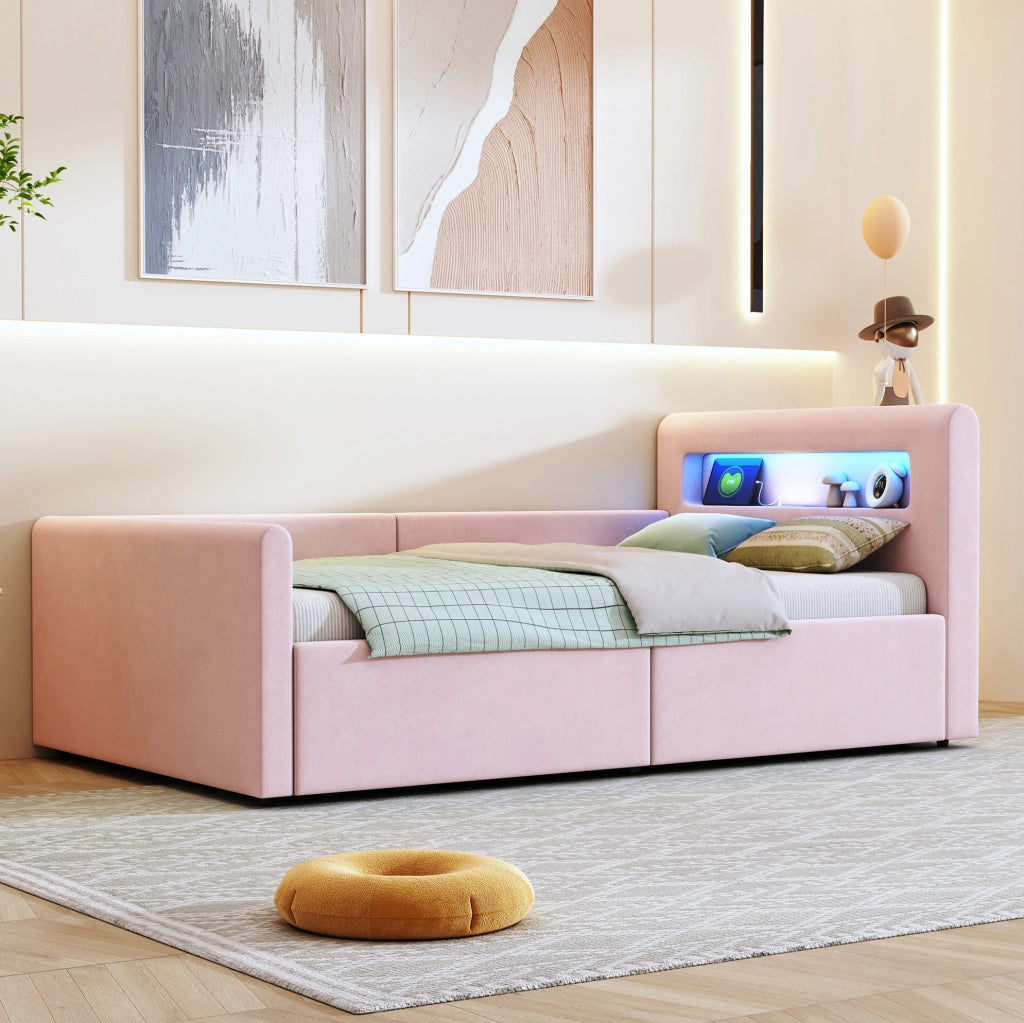 Letto imbottito per bambini 90x200 cm rosa con LED e USB