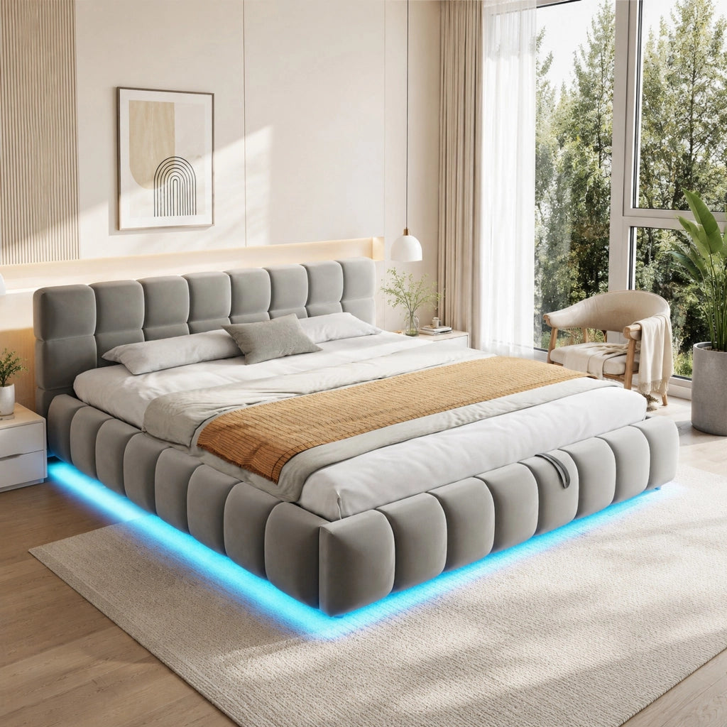 Letto matrimoniale imbottito 180x200 cm con LED e contenitore
