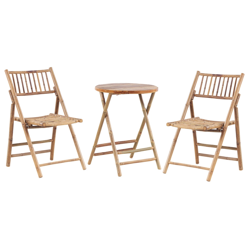 Set da giardino tavolino pieghevole e 2 sedie in bambù naturale e cuscini di colore bianco esterno