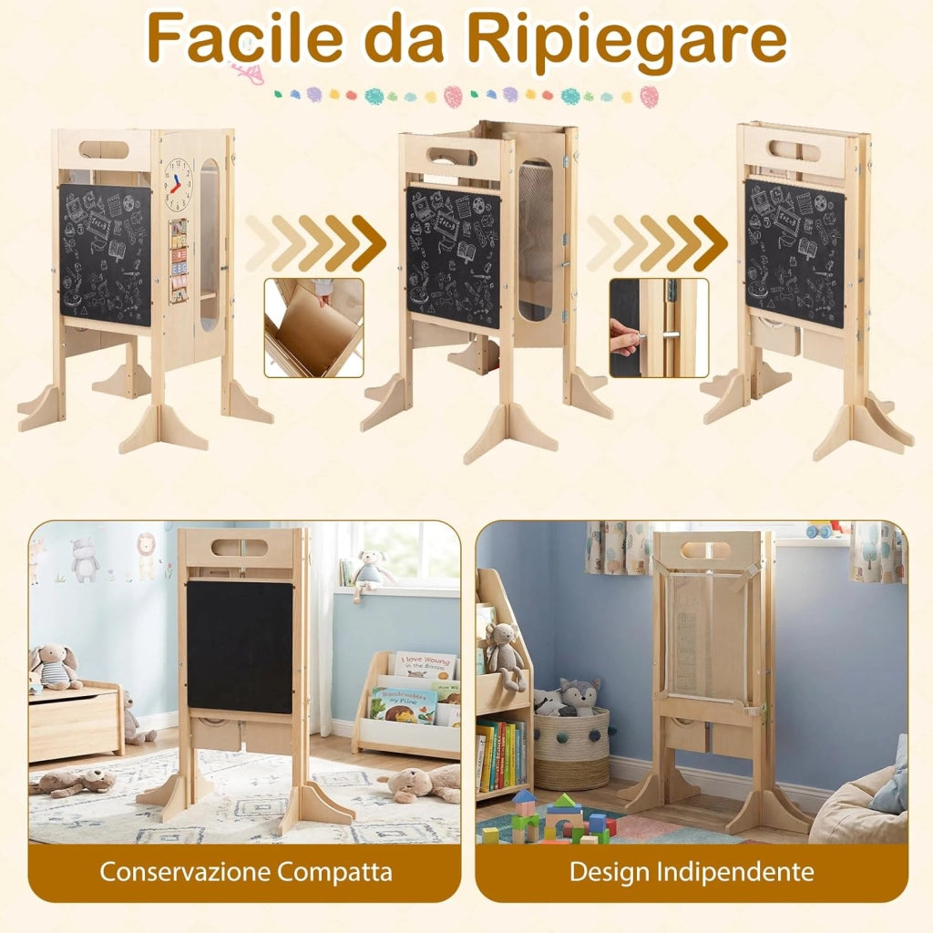 Torre Montessoriana Pieghevole per Bambini, Sgabello da Cucina in Legno con 2 Scalini e Rete Sicurezza, Torre di Apprendimento Montessoriana con Lavagna e Giochi Sensoriali per Bambini 3+ Anni