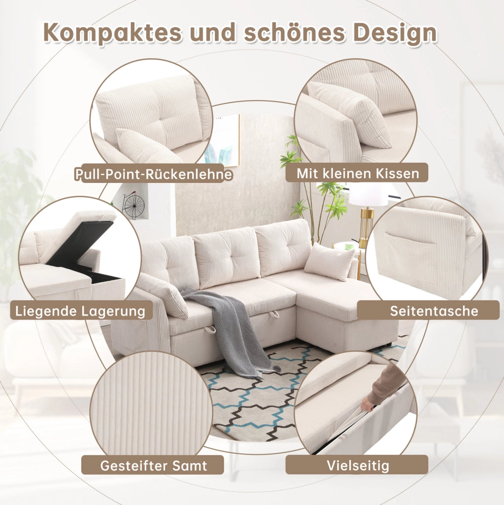 Divano letto modulare beige in velluto a coste con contenitore