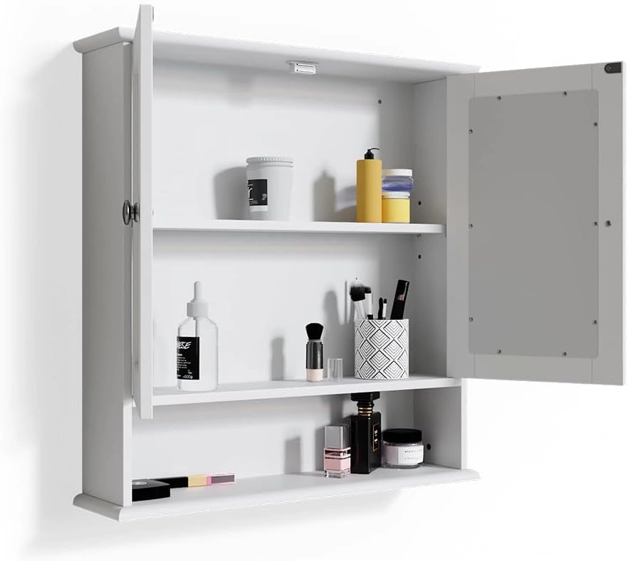 Specchio contenitore bagno Bianco, Bianco, 56 x 58 cm, per montaggio a parete con specchio integrato e ripiani