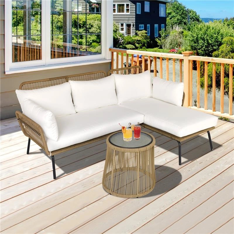 SET 3 PEZZI DIVANO 2 POSTI CHAISE LONGUE E TAVOLINO BEIGE E CAFFÈ