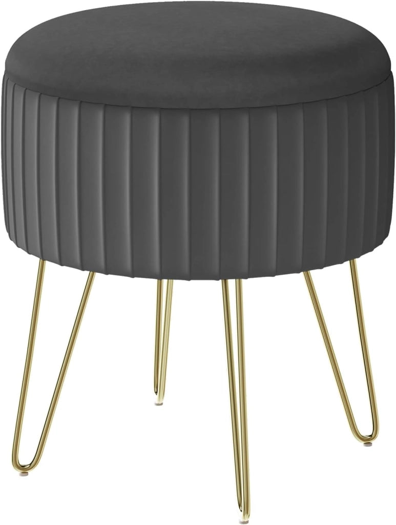 Poggiapiedi Ottomano, Contenitore con Rivestimento in Velluto Olandese e Gambe in Metallo, Sgabello Rotondo per Soggiorno/Camera da Letto/Ingresso, φ31,5xH37,5 cm, Grigio Scuro, SH105dgr