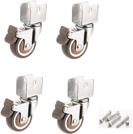 4 ruote per mobili a forma di U, 50 mm, pezzo con freno, ruote di gomma morbida con sterzo, per mobili, vasi fiorali (16 mm, 4 freni)