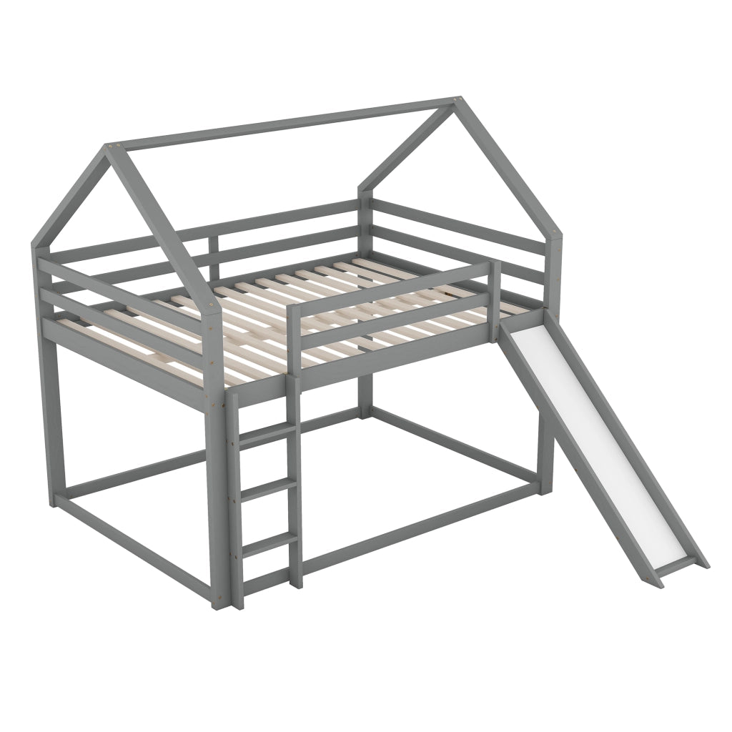 Letto a casetta a soppalco con scivolo e scala, 140x200 cm, grigio, in legno di pino e MDF