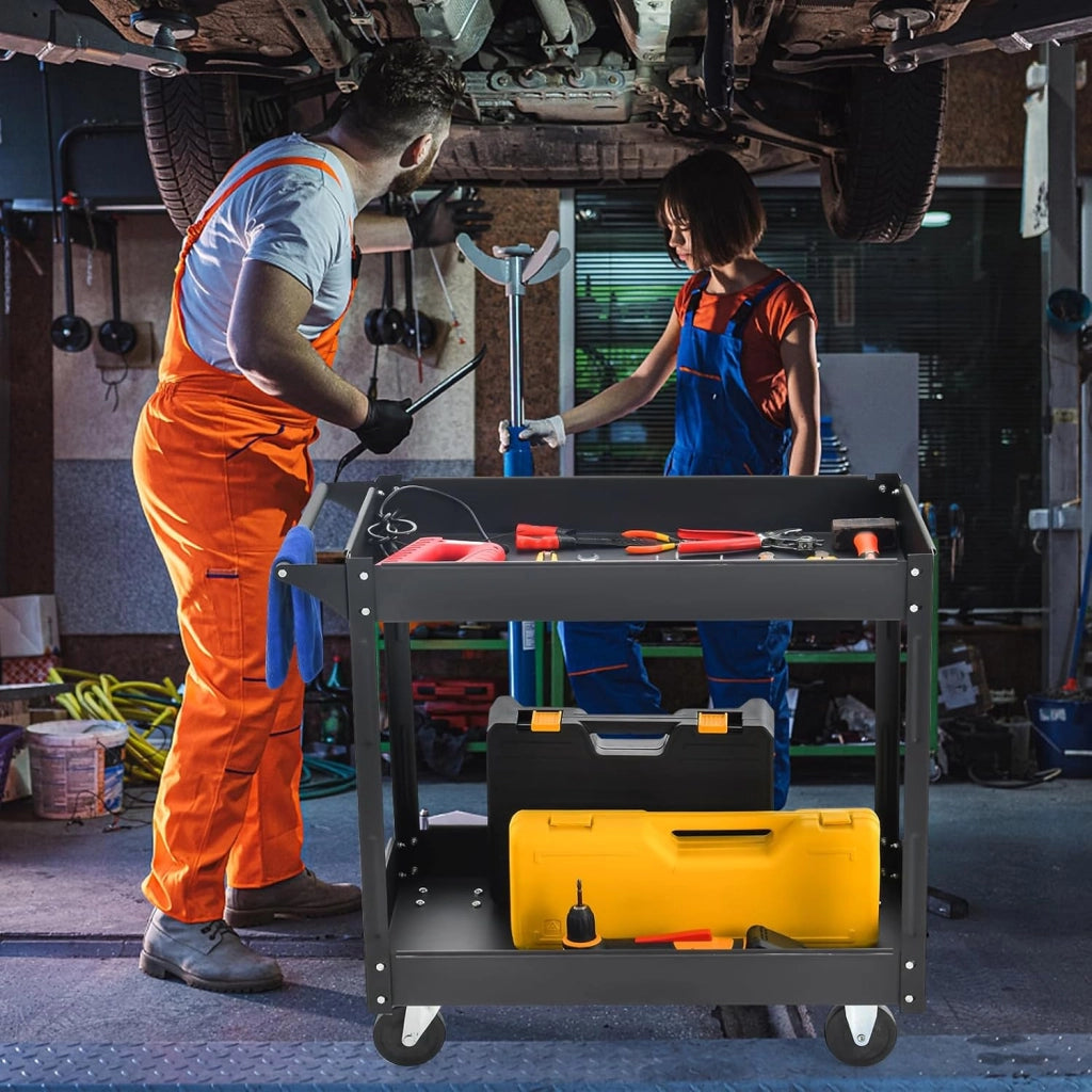 Carrello Porta Attrezzi in Metallo a 2 Livelli, Carrello Portautensili Multifunzione con Maniglia, Capacità di carico di 50 kg (Nero)