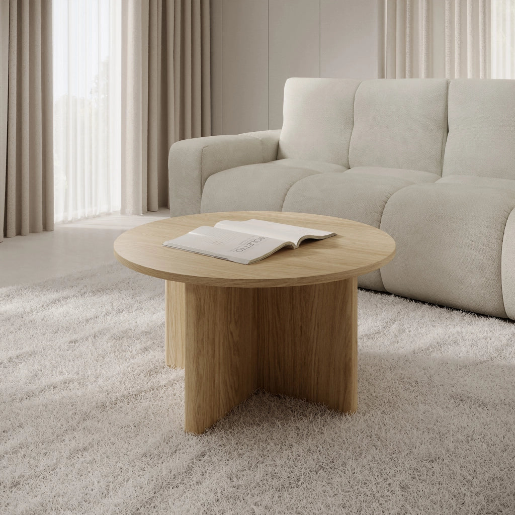 Kasi, Tavolino da Salotto Forma Rotondo, 90x90x49h cm Marrone Rovere