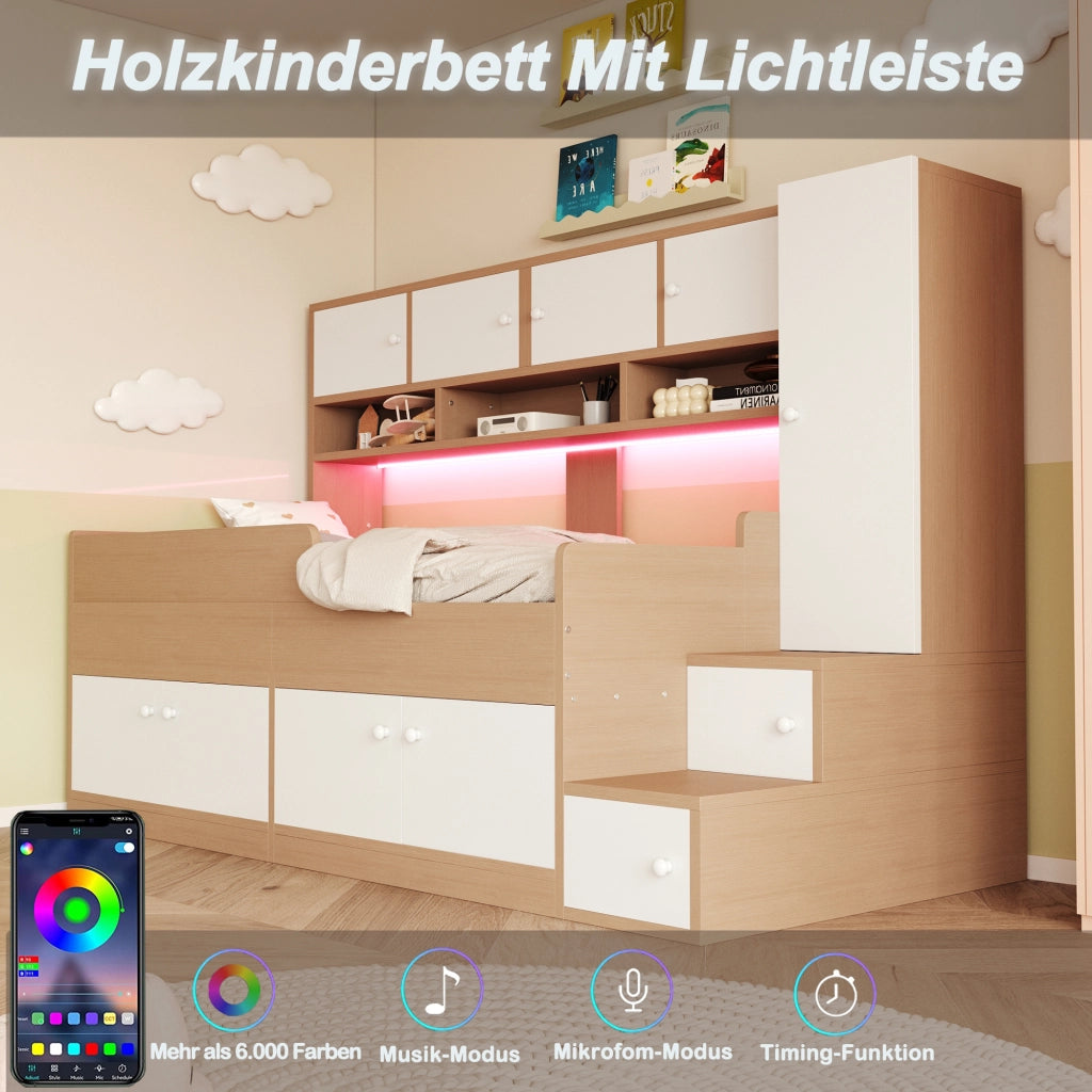 Letto in legno 90×200 cm color legno ripostiglie armadio scala facile LED e corrimano di sicurezza