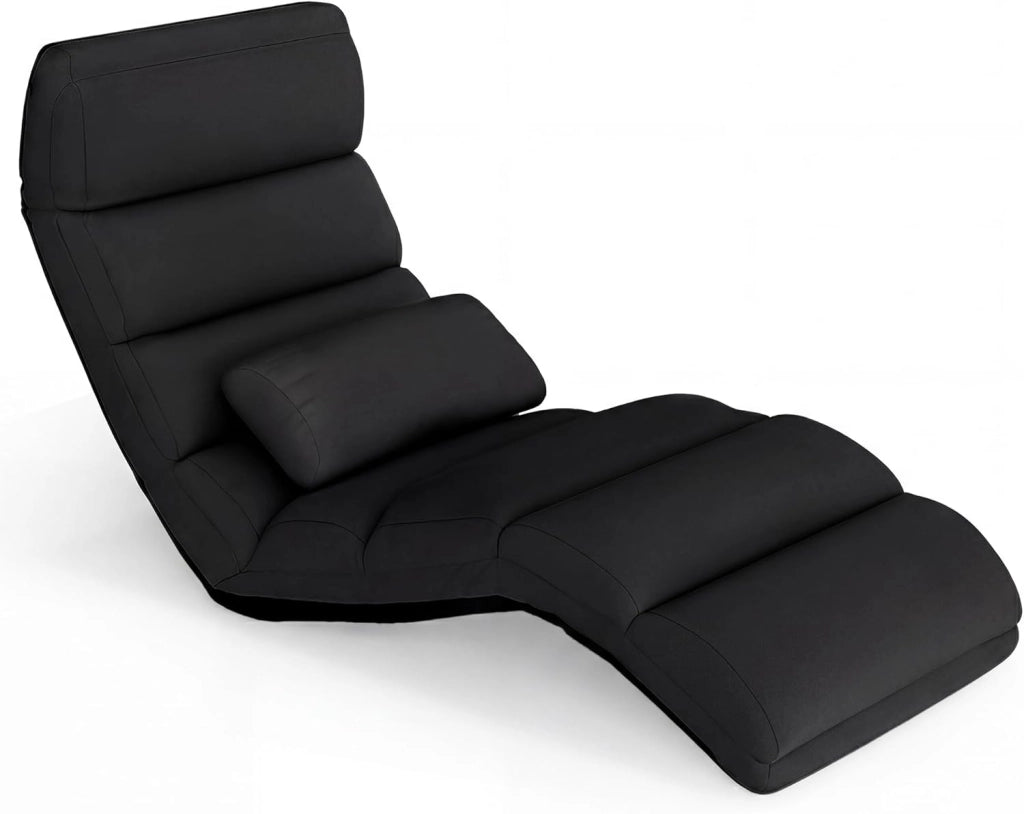 Poltrona Relax, Sedia Pieghevole da Pavimento, Divano Letto da Terra con Cuscino e Schienale Regolabile in 5 Posizioni, Sedia Imbottita Relax per Soggiorno, Camera da Letto (Nero)