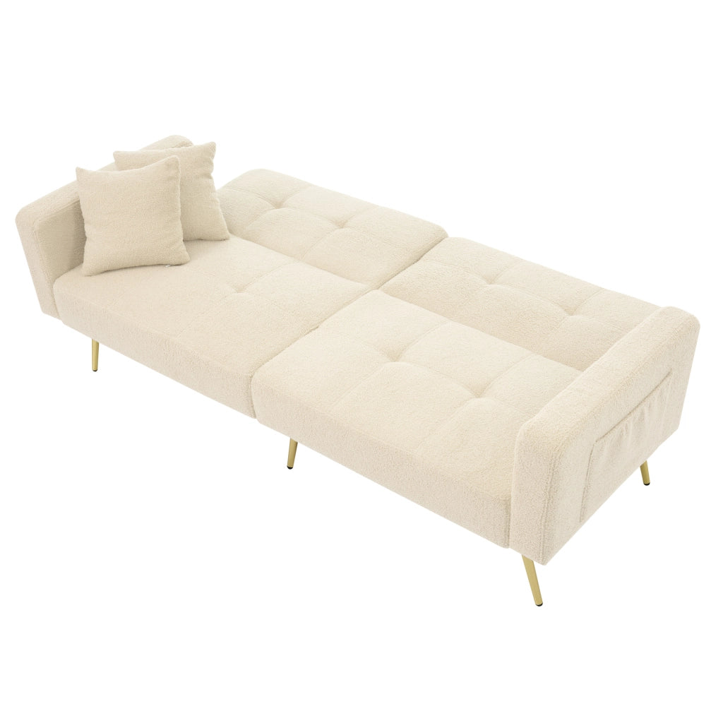 Divano Letto con Schienale Regolabile; 2 Tasche Laterali e Gambe Dorate; in Schiuma; Beige; 175 × 64 × 72 cm