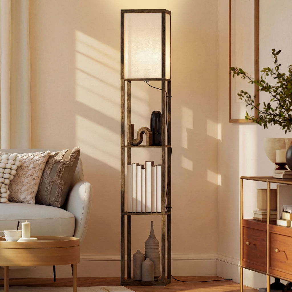 Libreria con Lampada da Terra 3 Ripiani ¨C Zephmum ¨C Legno Marrone 26x26x160 cm