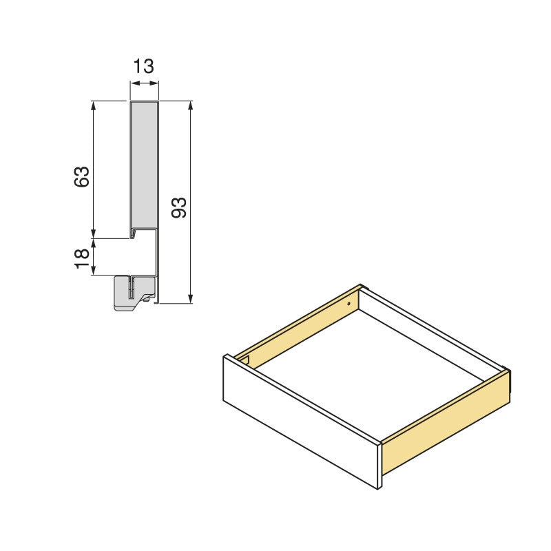 Cassetto esterno Vertex con regolazione 3D altezza 131mm, 40kg, spessore del pannello di 18mm, profondità 400mm, Acciaio
