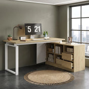 Scrivania Angolare con Cassetti e Ripiani ¨C MINIMAL ¨C Legno Naturale e Bianco 152x113x76