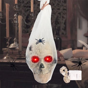 Schedello da Halloween con 2 m luce stroboscopica + occhi rossi luminosi + ragni realistici + ragnatele pendenti per Halloween, decorazione da parete da Halloween