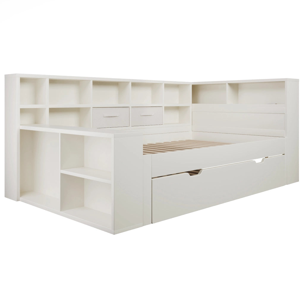 Letto in pino e truciolare 140x200 cm con letto estraibile; 8 vani e porte USB/Type-C; bianco