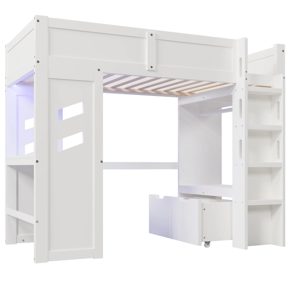 Letto a soppalco 90x200 cm con scrivania; LED; USB e Type-C; bianco