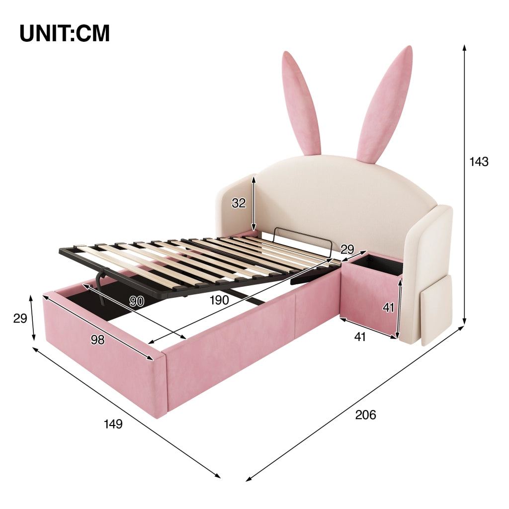 Letto per bambini 90 × 190 cm con testiera a orecchie di coniglio, comodino contenitore, senza materasso, beige e rosa