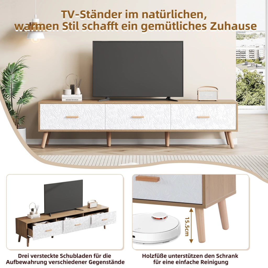 Cassettiera TV bianca e legno chiaro in truciolare lunghezza 150 cm