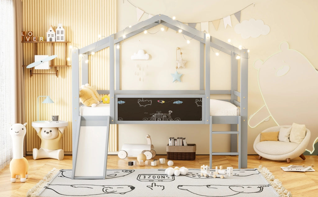 LETTO a soppalco per bambini 90 x 200 cm grigio in legno con scivolo e lavagna