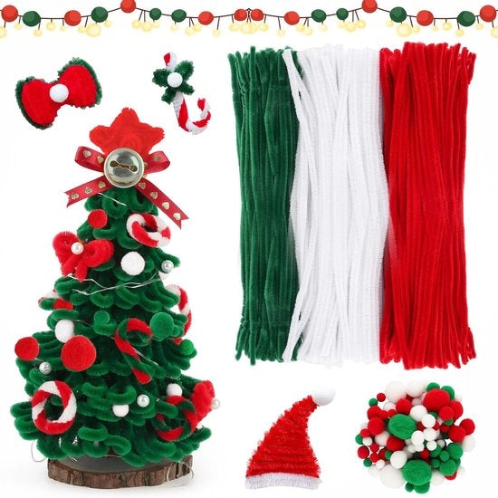 300 pezzi di pipe cleaners colorate - pipe cleaners per decorare la casa per Natale - set con palline di piuma - filo di chenille lungo 30 cm - pipe cleaners per pulire le pipe per Natale - decorazioni per Natale - (rosso - verde - bianco)